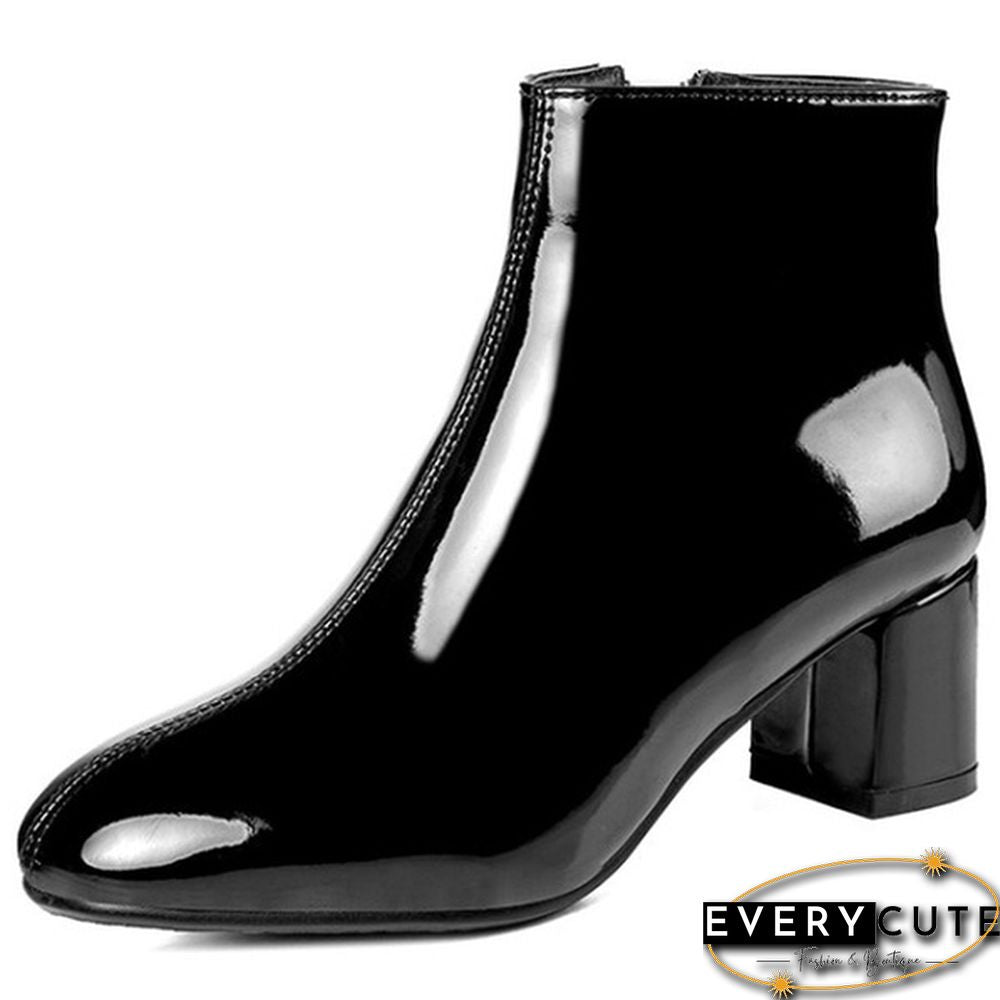 Women Patent Leather Booties Chunky Short Boots Mid Heel Ankle Boot Black Boots Fashion