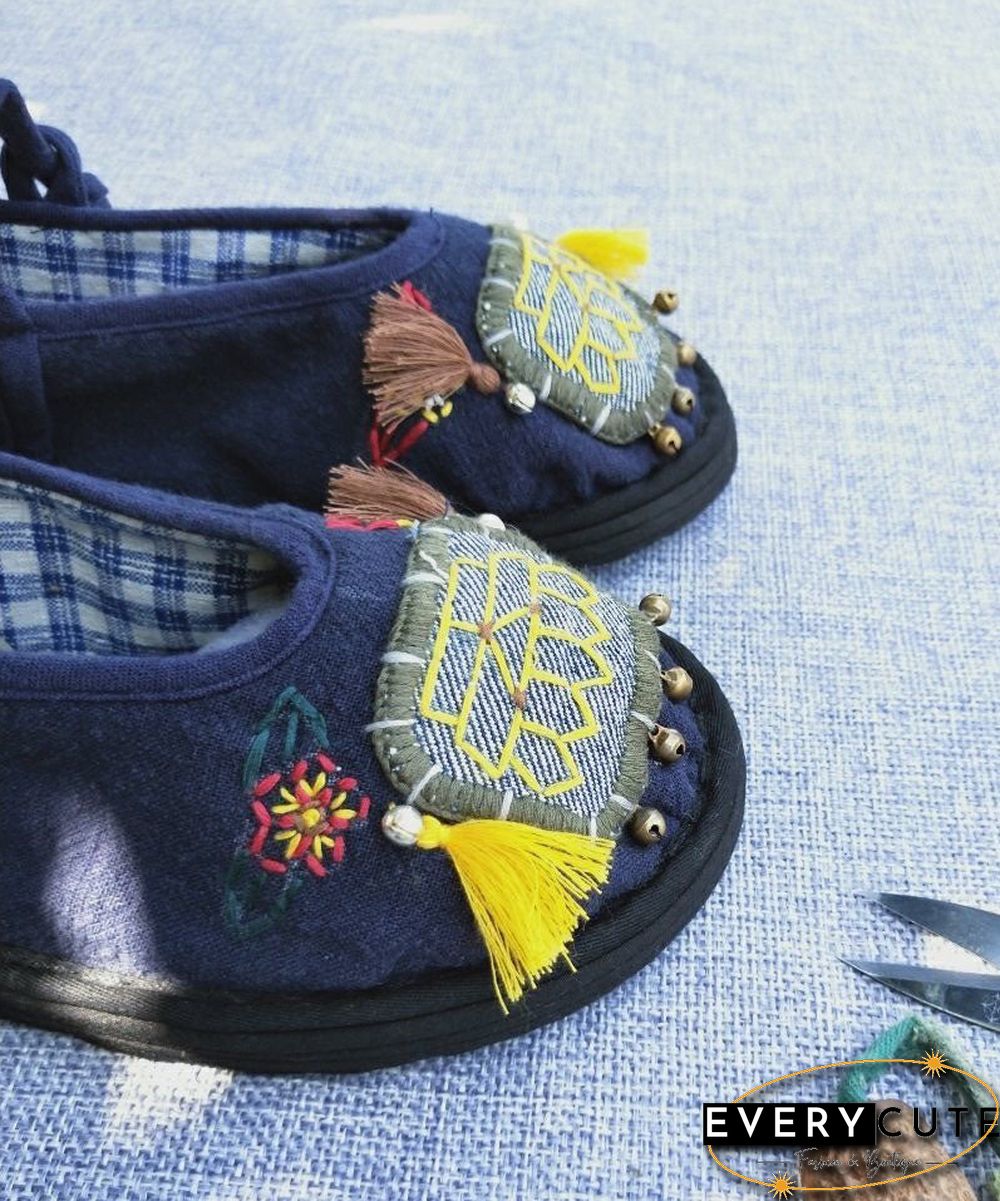 Handmade Navy Tassel Splicing Women Cotton Fabric Flat Feet Shoes