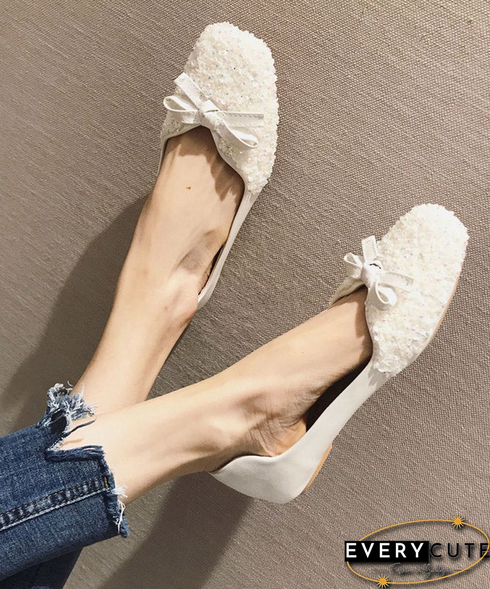 Beautiful White Splicing Sequlinde Bow Flats Shoes