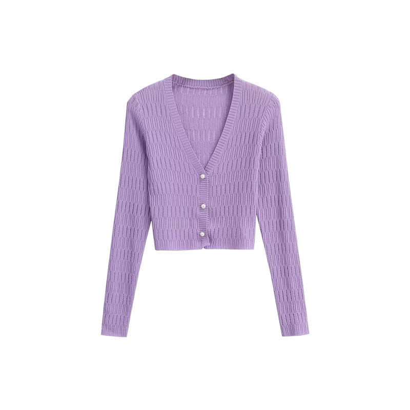 Palma Solid Color V-neck Button Up Knitted Cardigan Long Sleeve Top