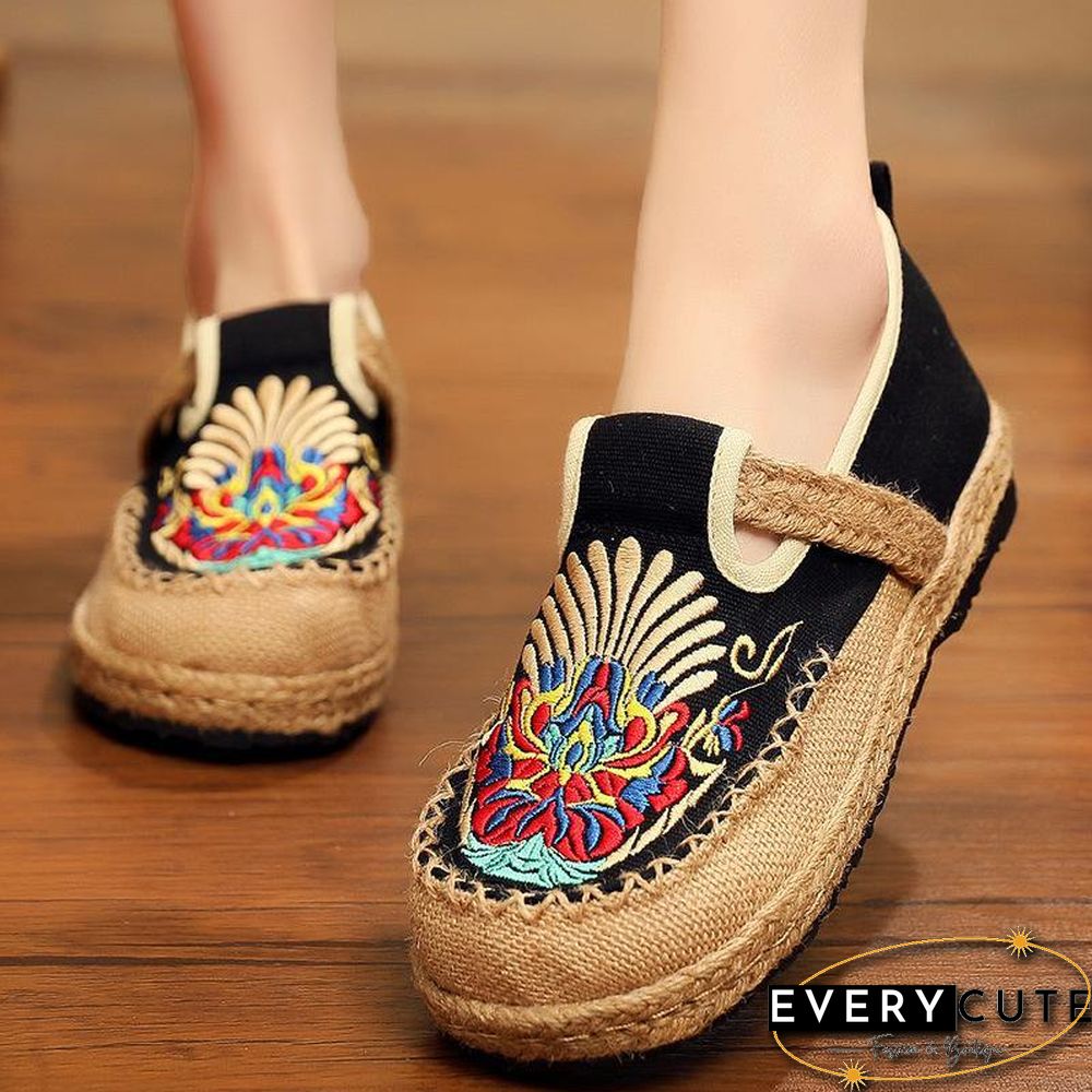 Women  Flats Black Embroideried Cotton Fabric Flats Shoes