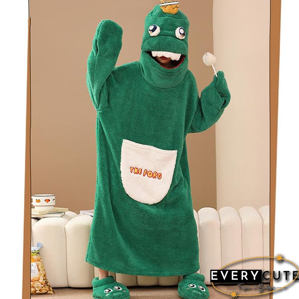 Cartoon Frog Prince Plush Hooded Pajamas Dress With Shoes