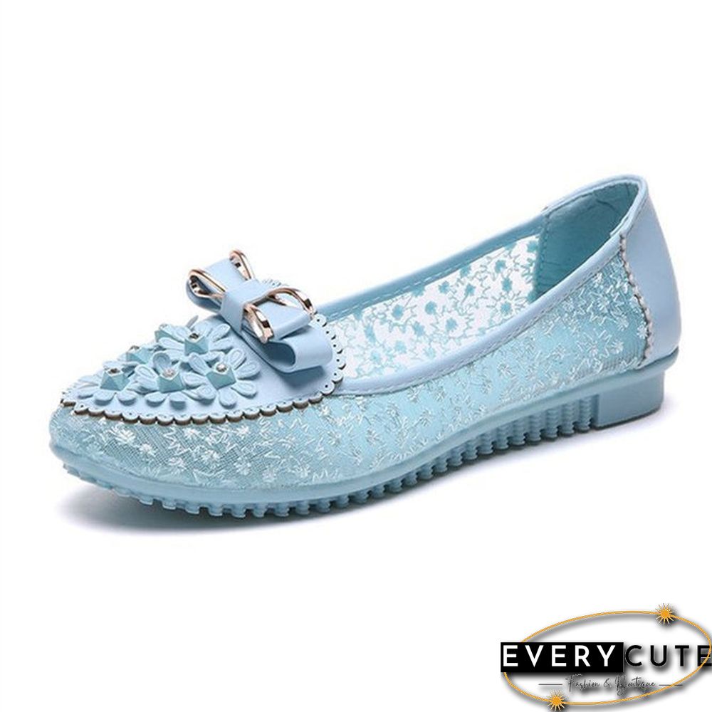 Women's Elegant Applique Bowknot Decor Lace Split Joint Flat Shoes