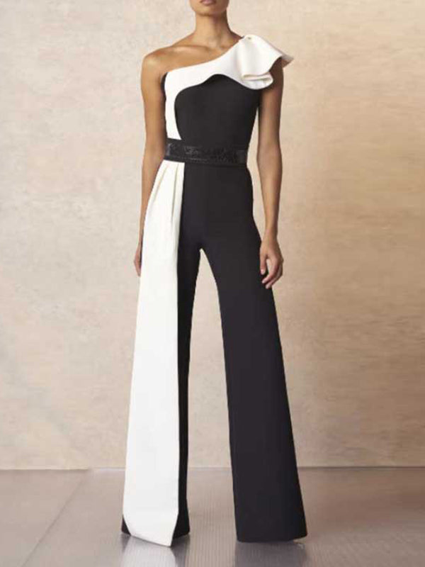 High Waisted Wide Leg Contrast Color Split-Joint One-Shoulder Jumpsuits