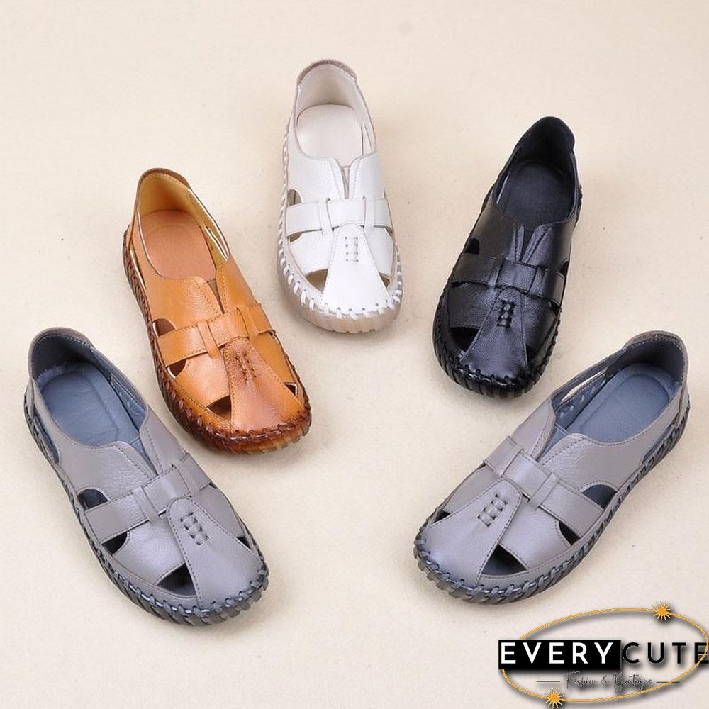 Women Genuine Leather Handmade Sandals Retro Style Mother Flats Shoes