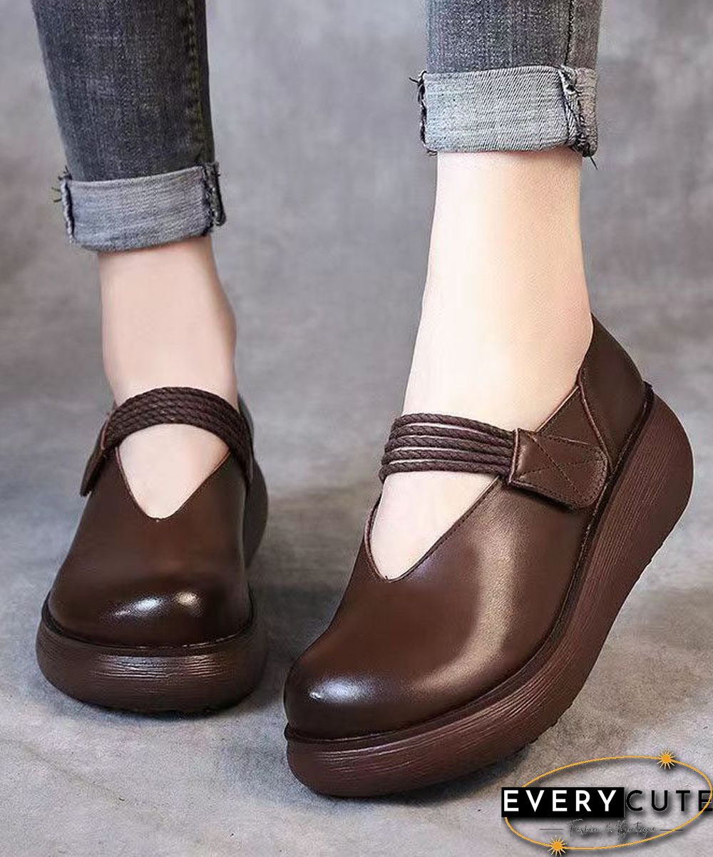 DIY Splicing Chunky High Wedge Heels Shoes Brown Cowhide Leather