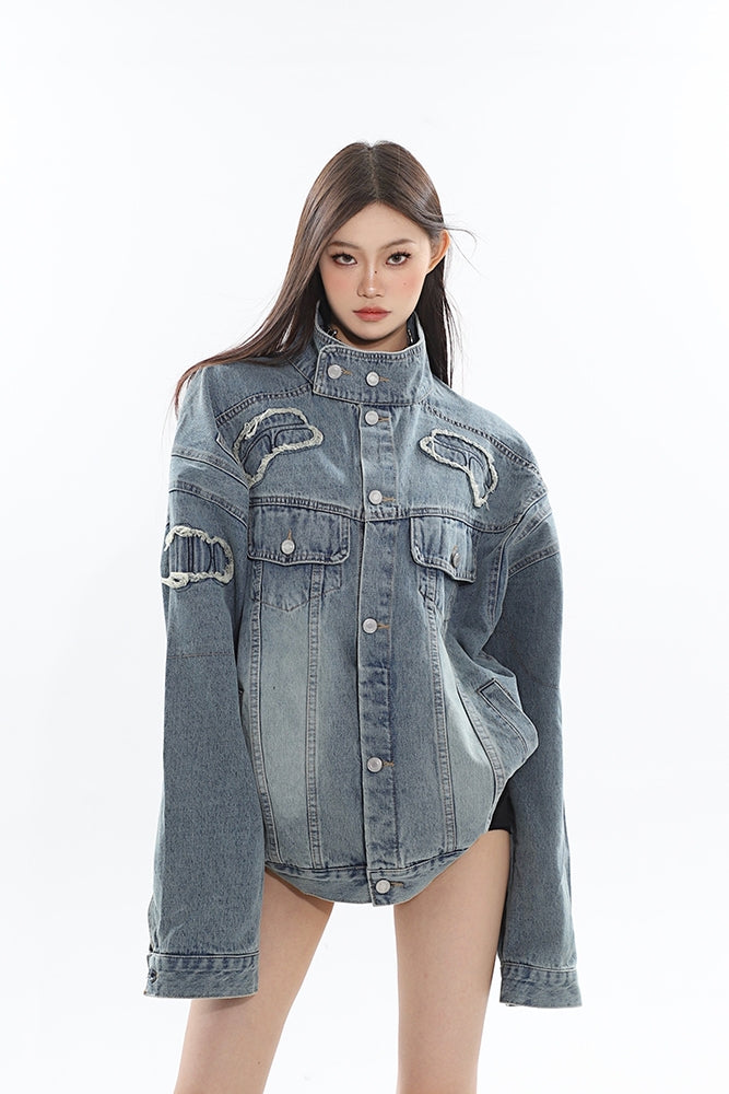 Louis Washed Denim Blue Patchwork Long Sleeve Button Up Turtleneck Jean Jacket