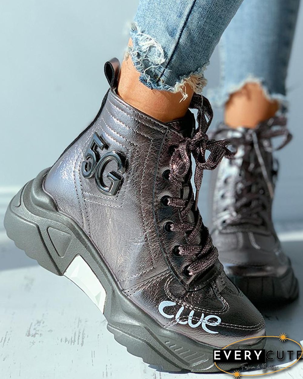 Eyelet Lace-up Letter Pattern Chunky Shoes