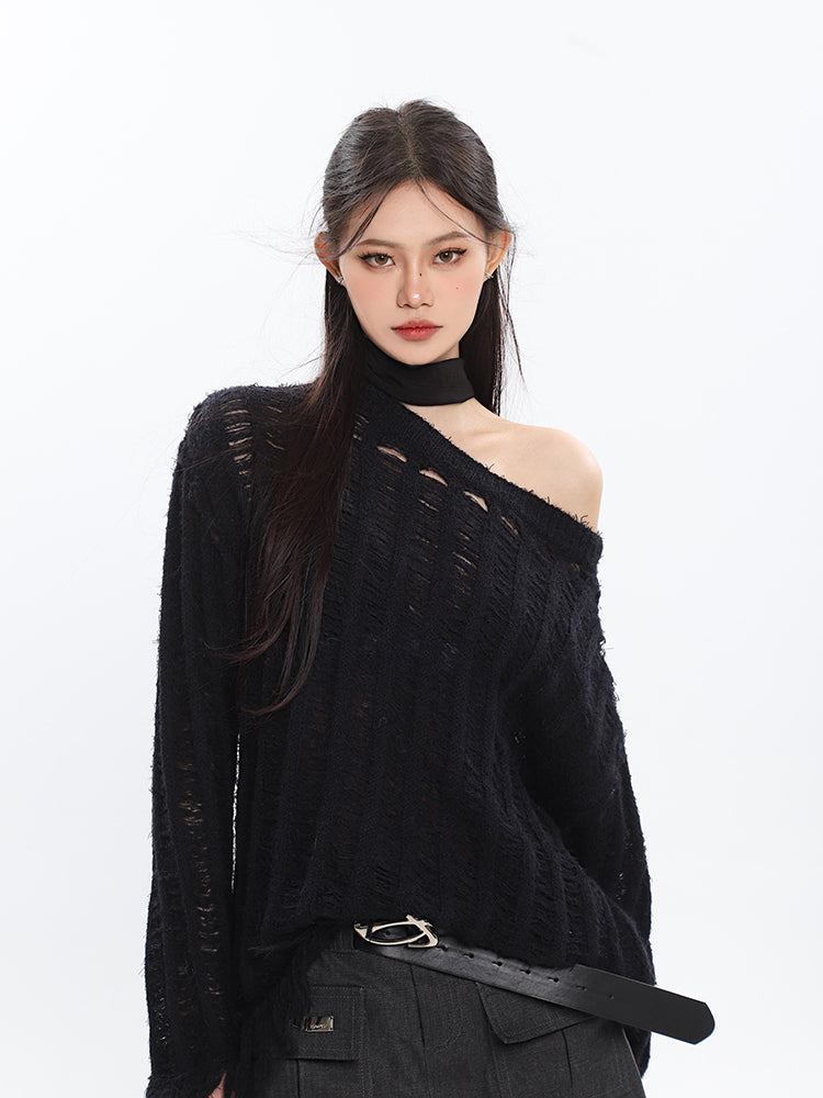 Christine Solid Color Knitted Distressed Turtleneck Cutout Long Sleeve Sweater Top