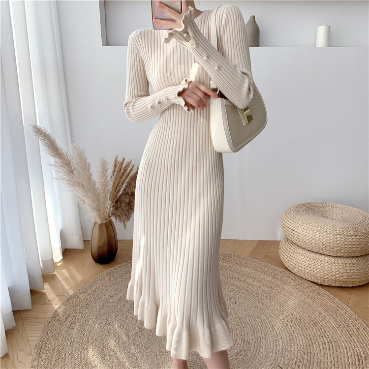 Fashion Sexy Elegant Knit Sweater Dress Slim Flared Midi Dress