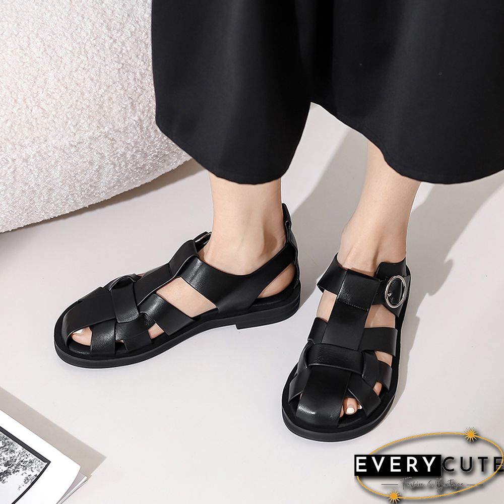 New Women Real Leather Shoes Summer Sandals Buckle Strap Hollow Out Beach Sandals Cool Ladies Footwear Size 34-42