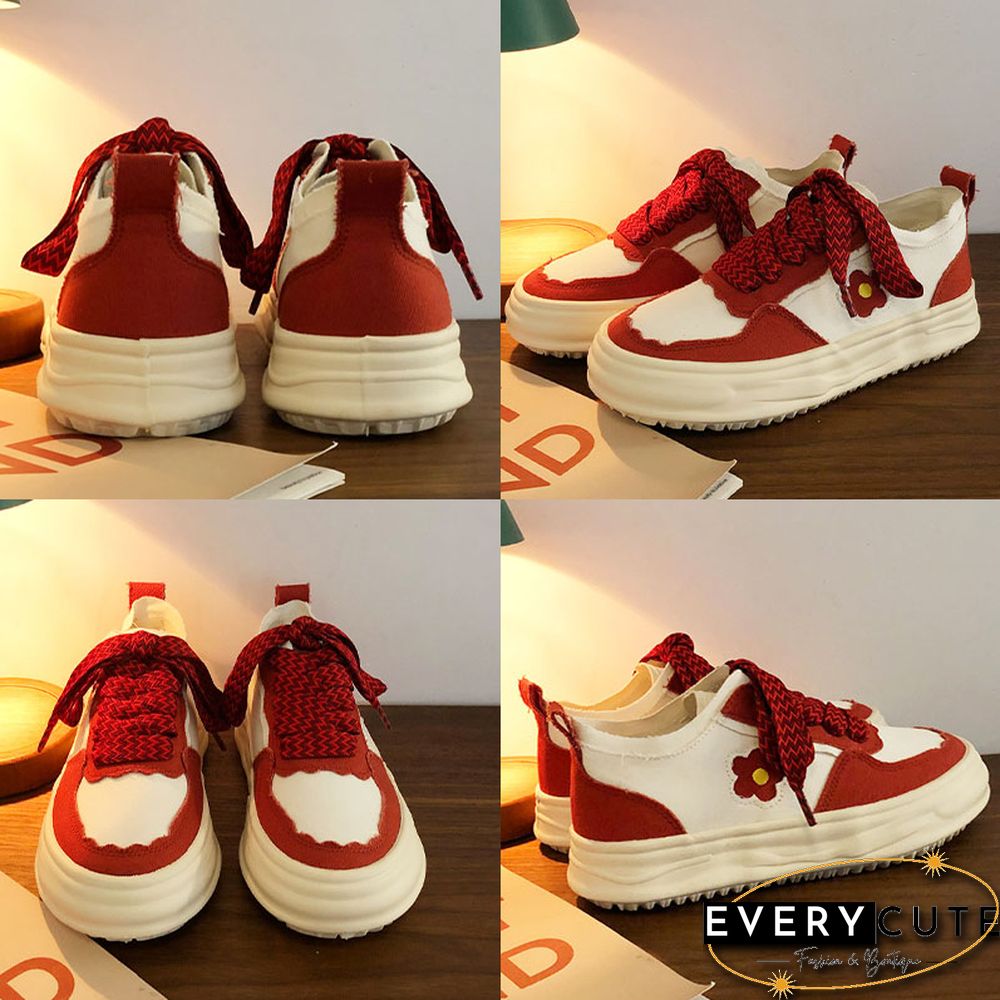 Little Red Flower Colorblock Canvas Shoes