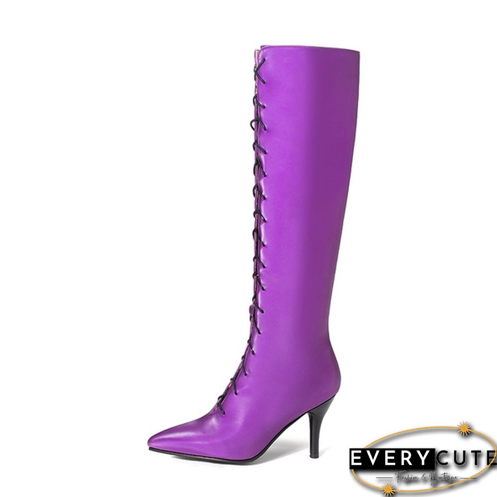 New Women's Sexy Pointed Toe Front Lace-Up High Heel Stiletto Stretch Over The Knee High Boot