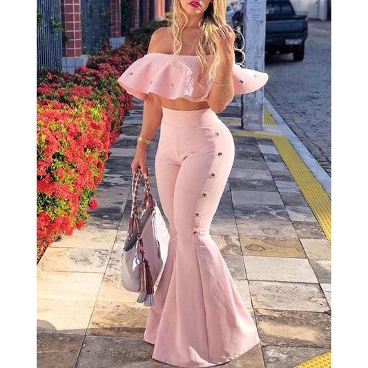 Women two piece outfits off shoulder Ruffle crop tops and flare pants 2 piece set Summer tracksuit Club festival women set