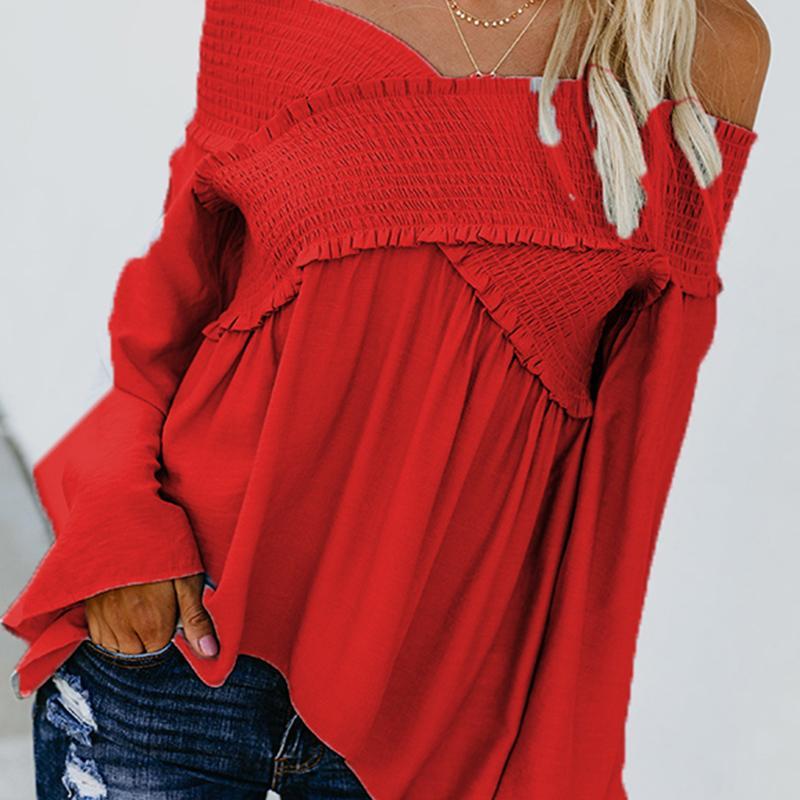 Elastic Off Shoulder Long Flare Sleeve Plain Pleated Loose T-Shirts