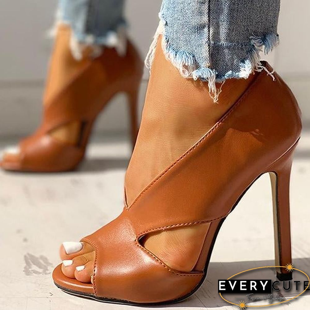 Solid Peep Toe Cut Out PU Thin Heels