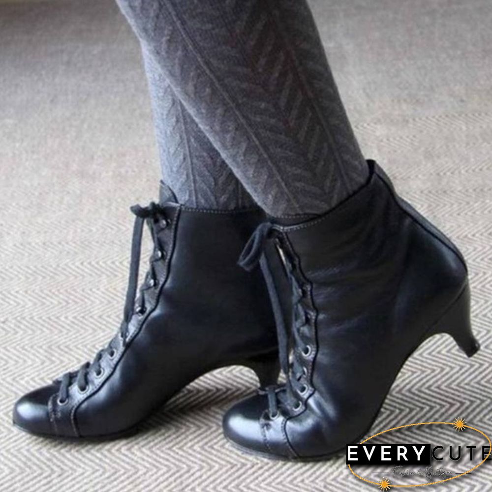 New Fashion Victorian Round Toe Leather Boots for Women Rustic Booties Steampunk Lace Up Low Heel Boots Vintage Ankle Boots Jeans Boots