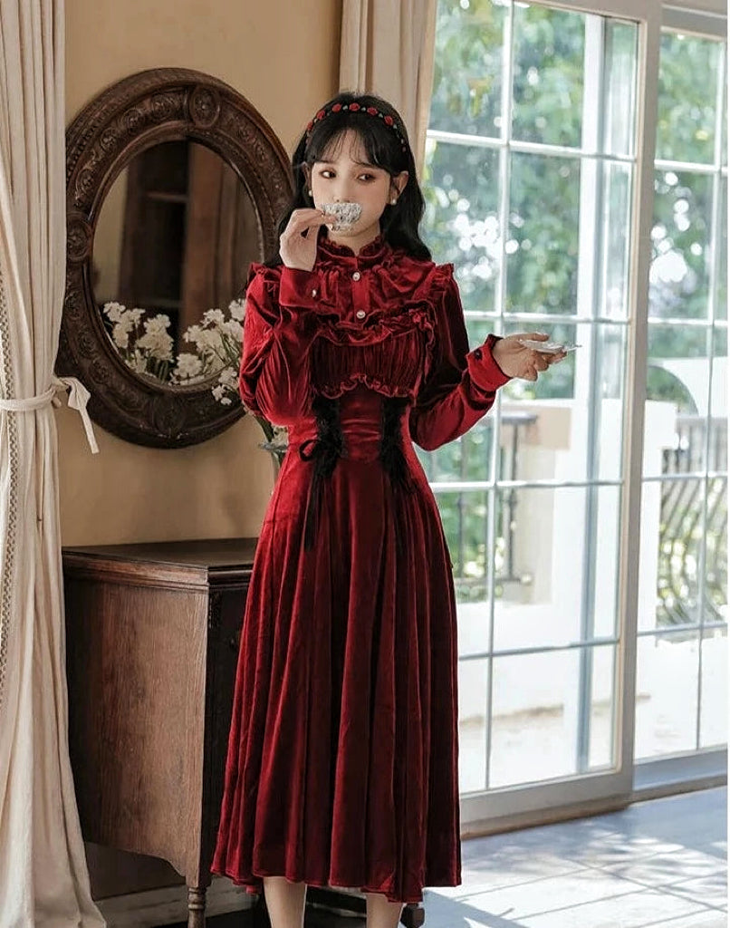 Ruby Victorian-Vintage-Academia Burgundy-Red Velvet Dress