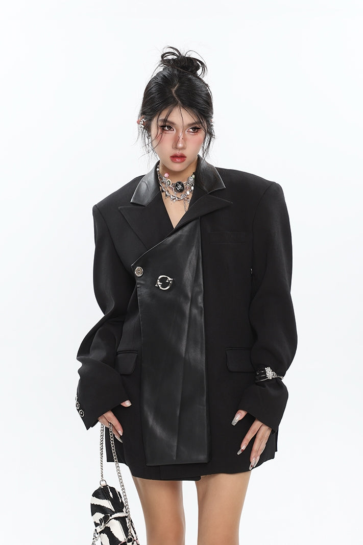 Alice Solid Color Black Patchwork Paneled Pu Leather Loose Long Sleeve Blazer Jacket