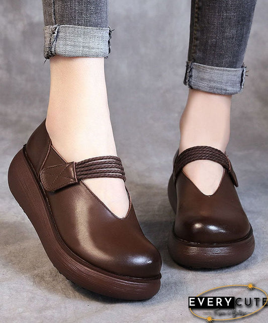 DIY Splicing Chunky High Wedge Heels Shoes Brown Cowhide Leather