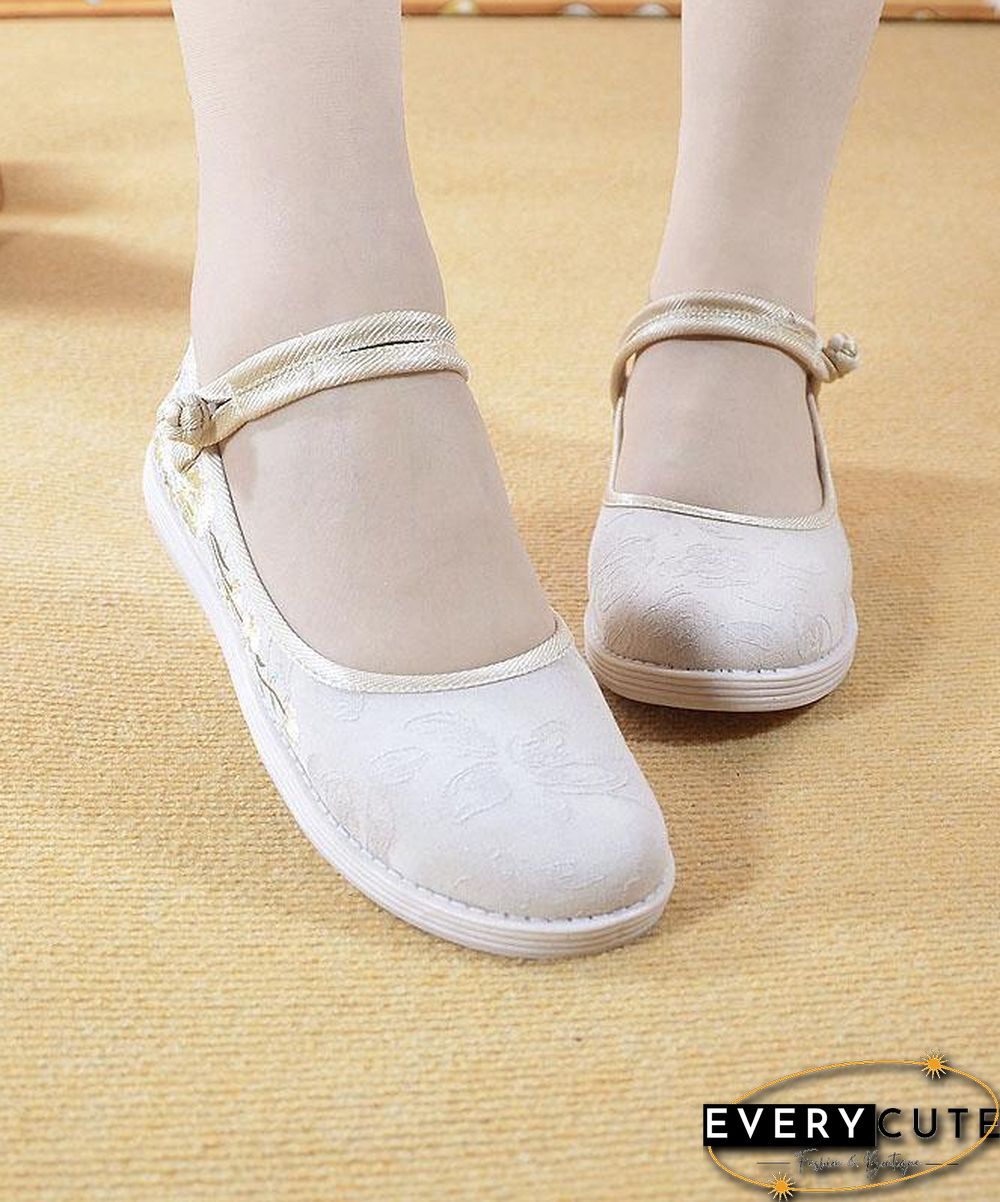 Beige Embroideried Cotton Fabric Flat Shoes Buckle Strap Flat Shoes