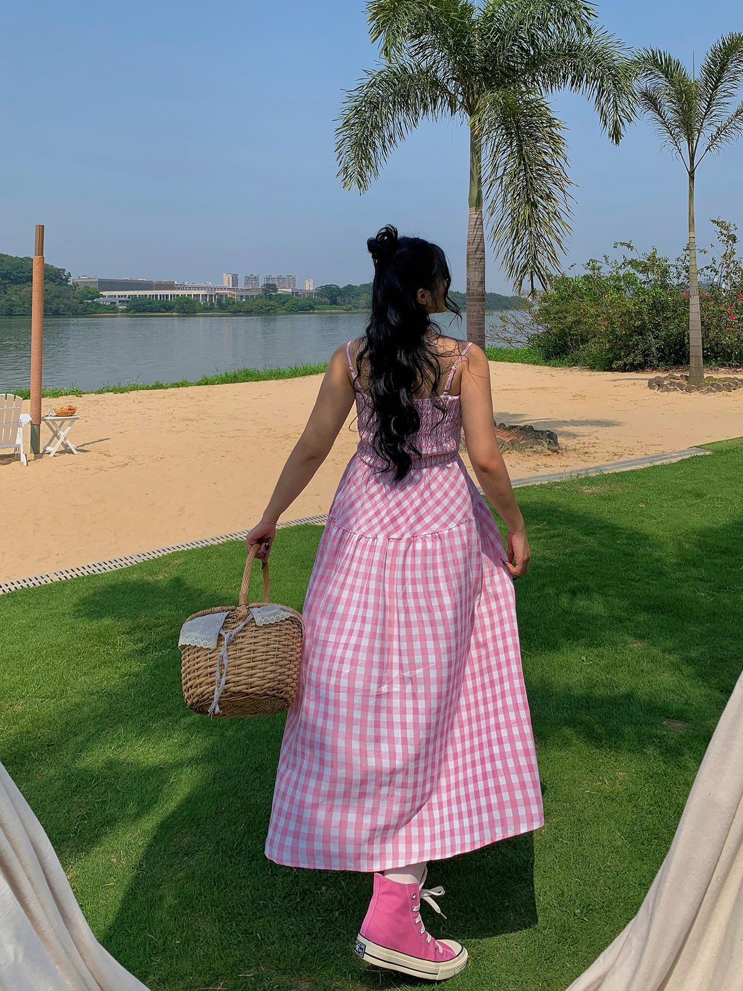 Nala Plus Size Picnic Plaid Pink Spaghetti Strap Long Dress + Solid Color White Long Sleeve Mesh Cardigan Matching Set