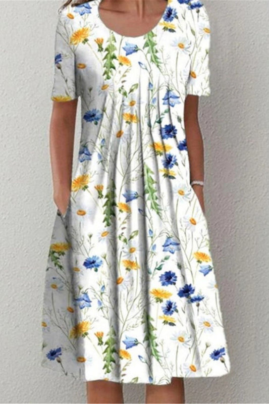 Fashion Round Neck Elegant Floral Pocket Street Casual Midi Dress