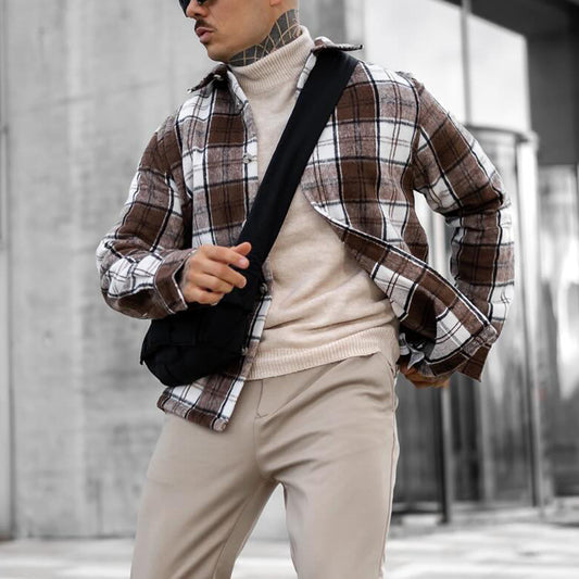 Men's Corduroy Long Sleeve Plaid Casual Jacket