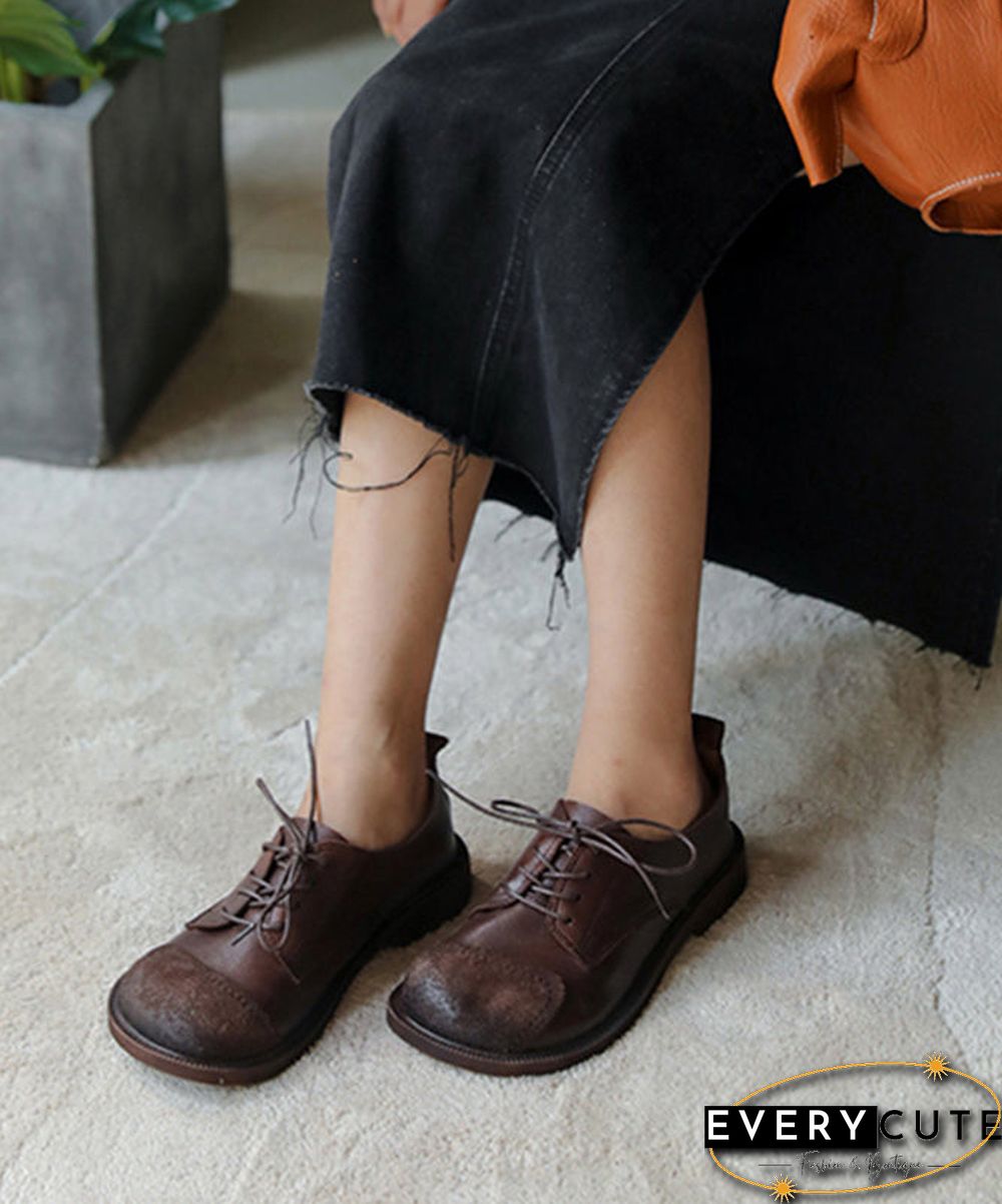 Retro Splicing Flat Shoes For Women Lace Up Chocolate Cowhide Leather Flat Shoes