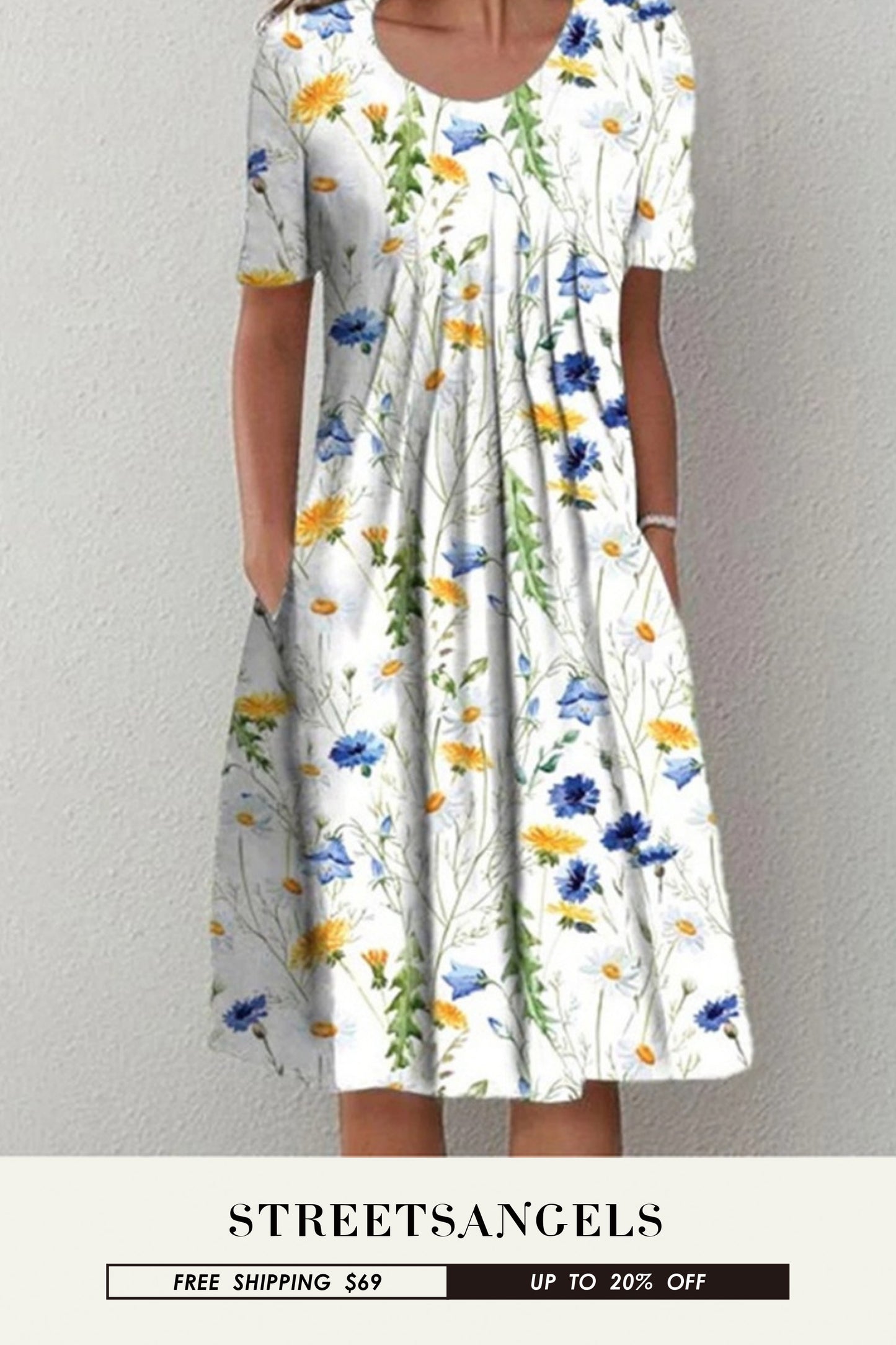 Fashion Round Neck Elegant Floral Pocket Street Casual Midi Dress