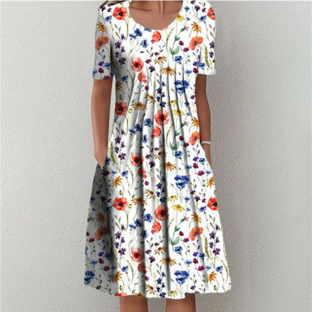 Fashion Round Neck Elegant Floral Pocket Street Casual Midi Dress