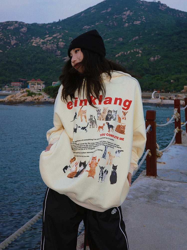 EINKLANG Vintage Cat Dog Plush Oversized Long Sleeve Hoodie