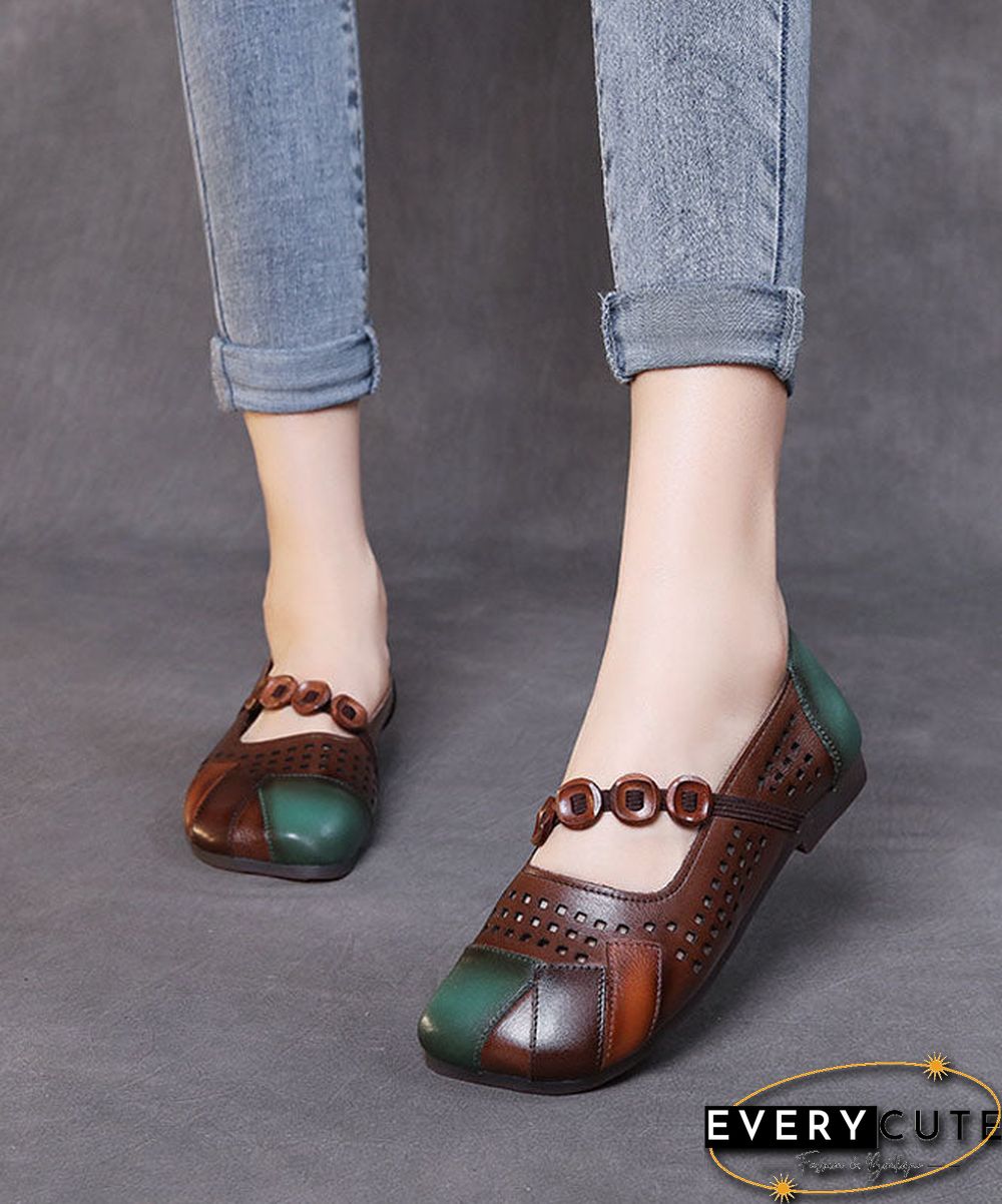 Fashion Splicing Flat Shoes Brown Hollow Out Cowhide Leather