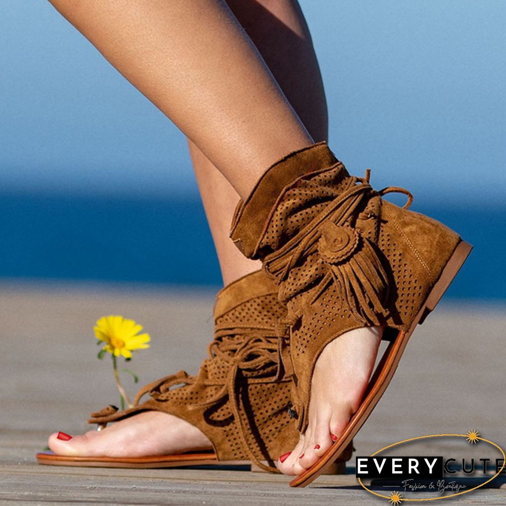 Retro Women Fringe Flower Wedges Shoes Solid Flock Beach Casual Sandals Women Summer Flip Flop Sandals