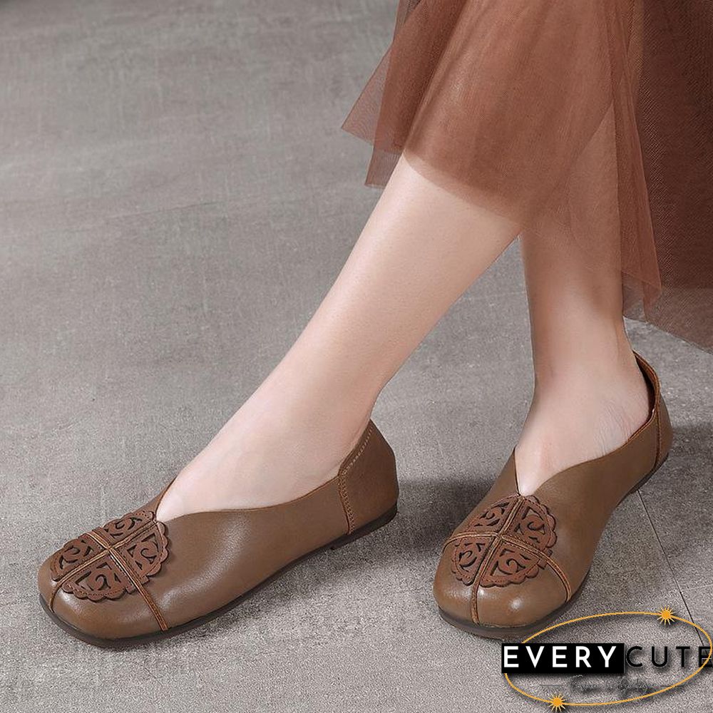 Khaki Flats Hollow Out Splicing Flat Shoes For Women