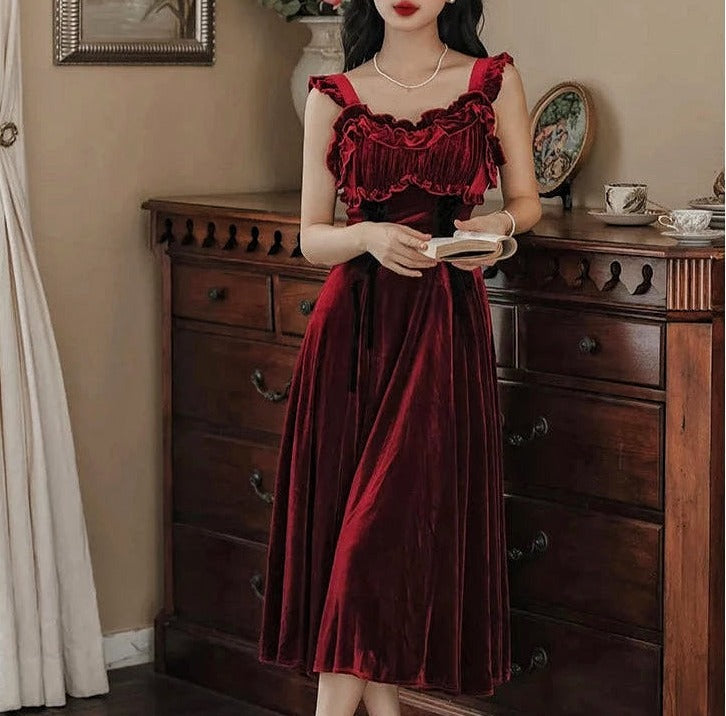 Ruby Victorian-Vintage-Academia Burgundy-Red Velvet Dress