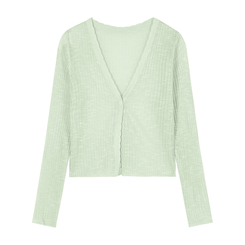 Chantelle Solid Color Ribbed V-Neck Long-Sleeved Knitted Cardigan Button Up Top