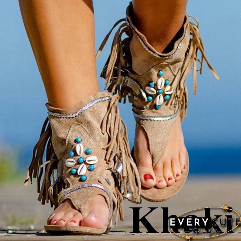 Women's Fashion Tassel Roman Boho Sandals Flock Retro Ankle Sandal Shoes Summer Flats Flip Flops Bohemian Beach Boot Shoes Plus Size