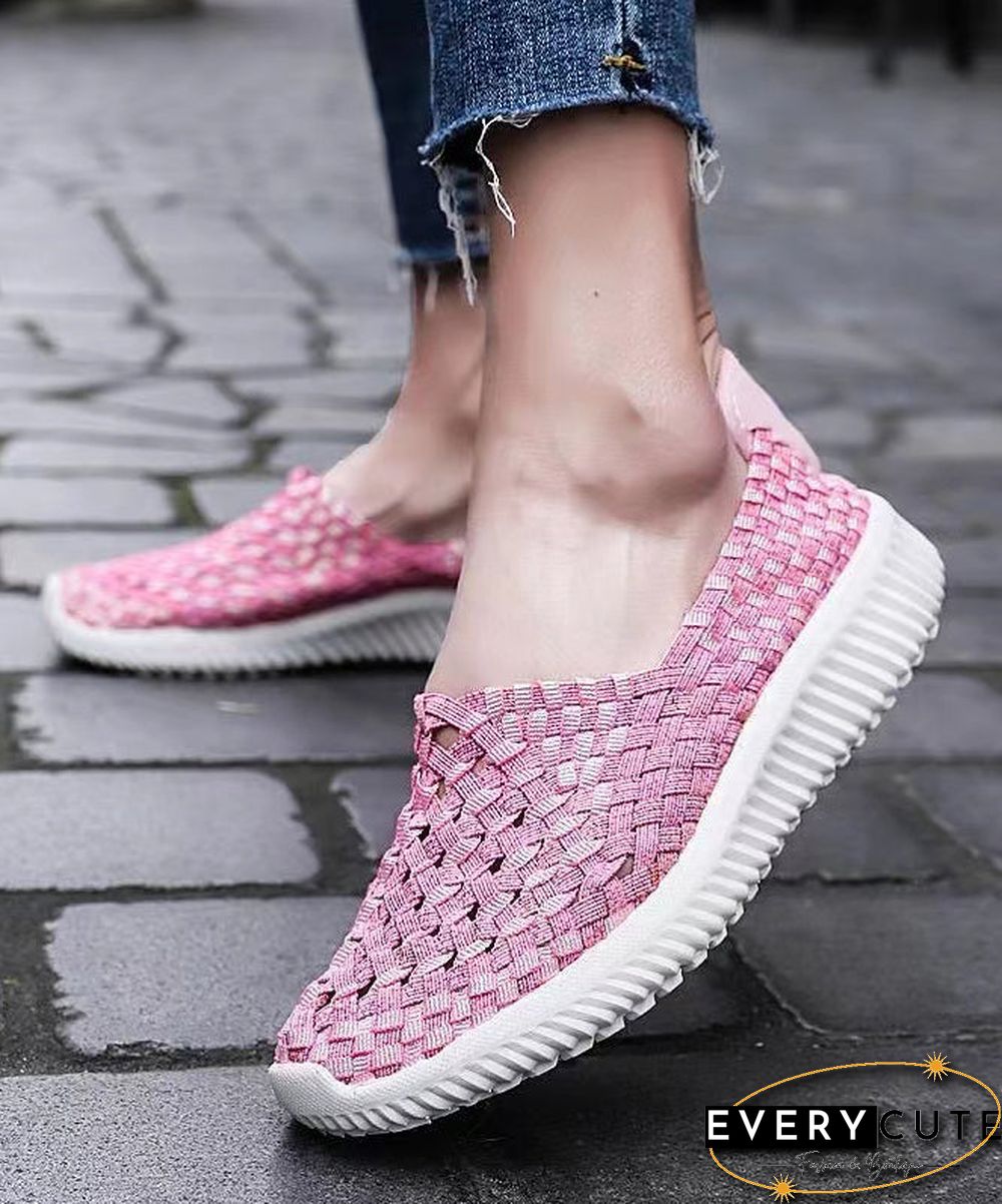 Pink Flat Shoes Knit Fabric Handmade Splicing Women