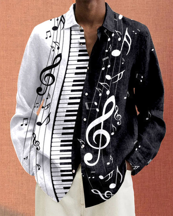 Men's Long Sleeve Piano Keys Music Notes Contrast Casual Shirt