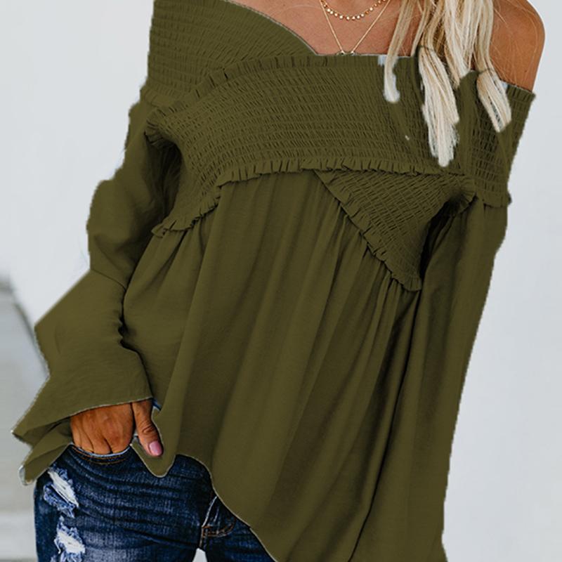 Elastic Off Shoulder Long Flare Sleeve Plain Pleated Loose T-Shirts