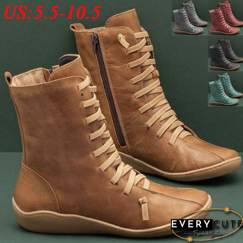 Fashion Women's Leather Boots Side Zipper Martin Boots hick Warm Low Heel Vintage Casual Shoes