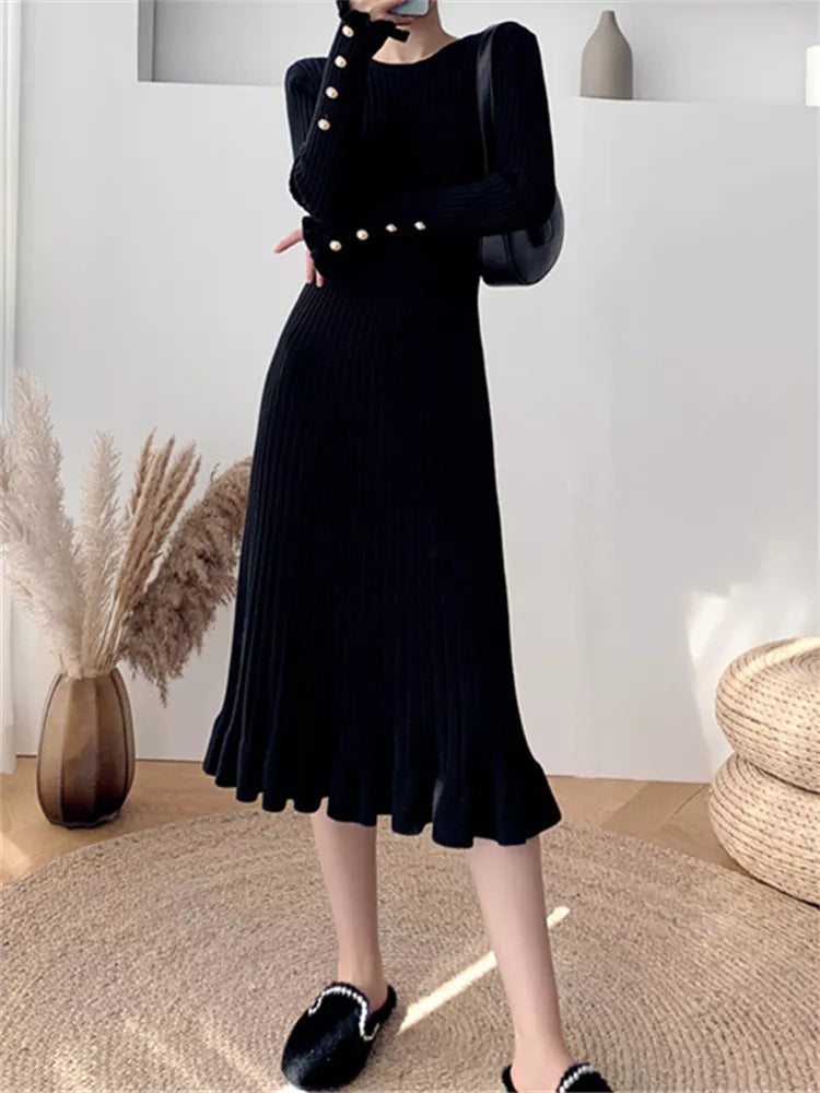 Fashion Sexy Elegant Knit Sweater Dress Slim Flared Midi Dress