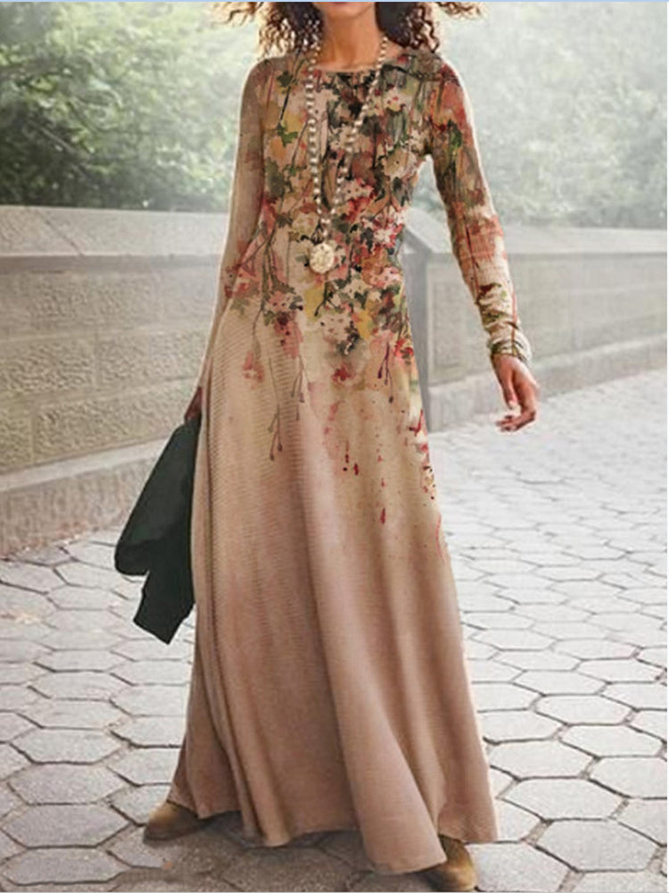 Fashion Long Sleeves Casual Round Neck Elegant Retro Print Maxi Dress