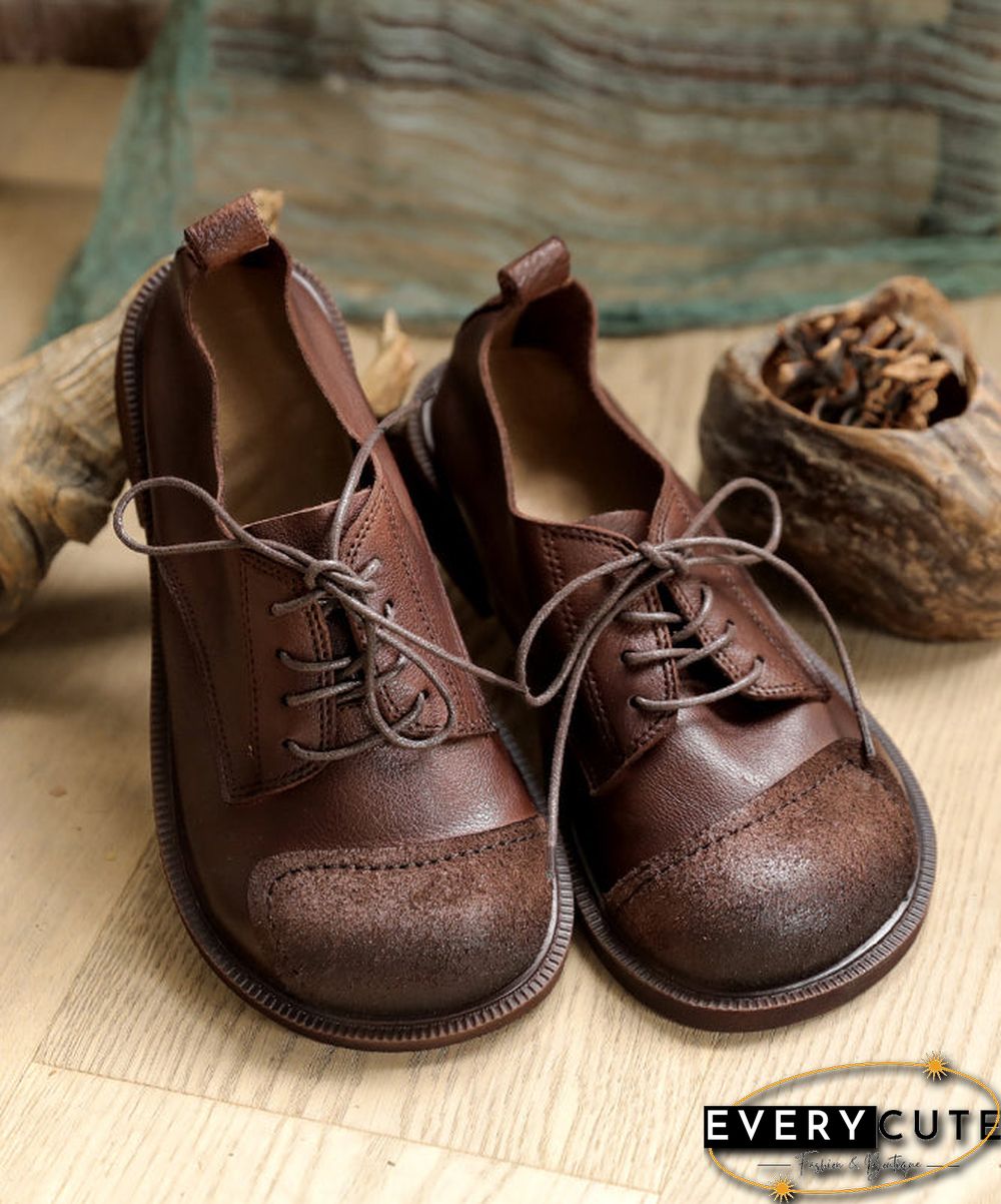 Retro Splicing Flat Shoes For Women Lace Up Chocolate Cowhide Leather Flat Shoes