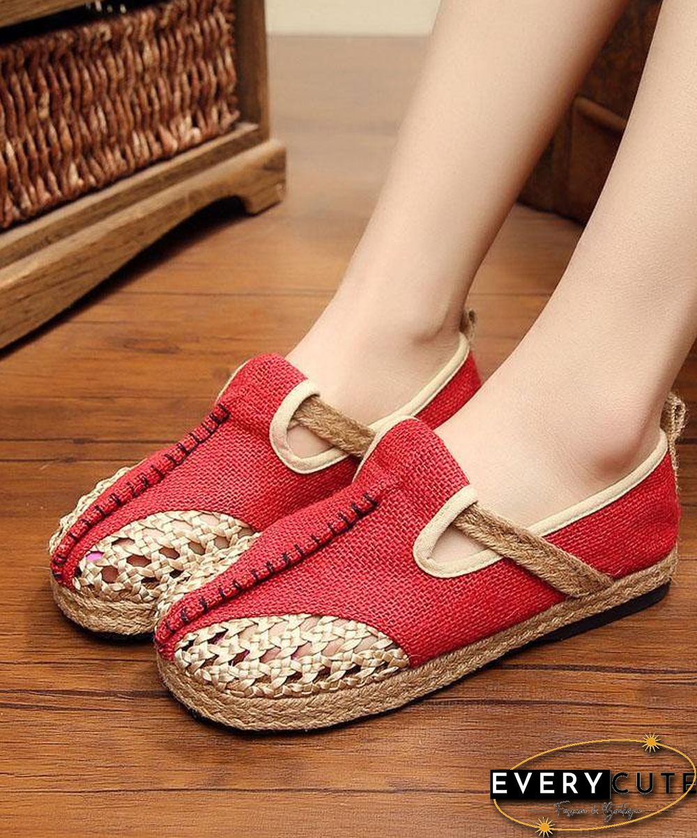 Red Flat Feet Shoes Linen Fabric Casual Hollow Out Flats