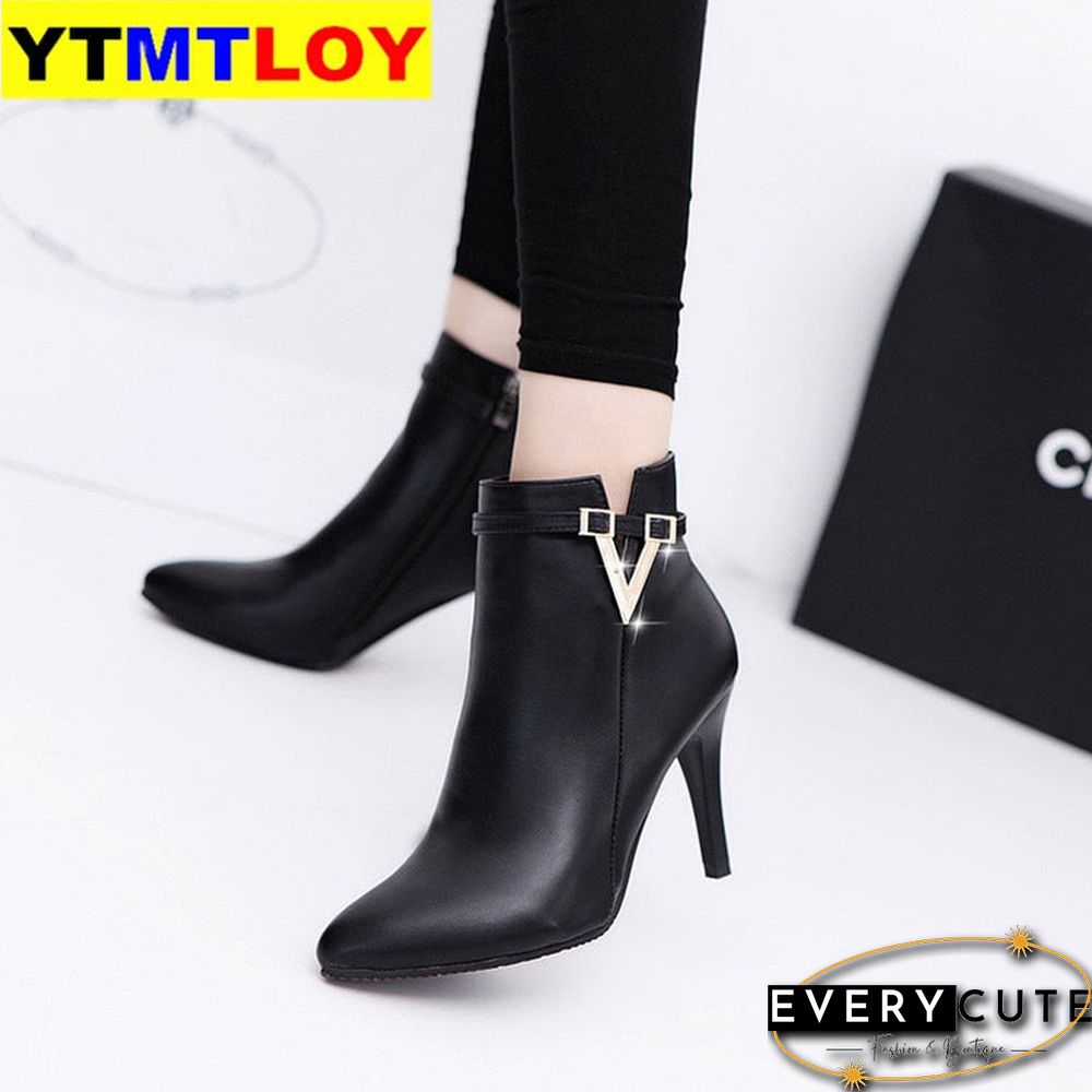 New Women Boots Ankle PU Leather Zipper Booties High Heels Autumn Shoes Black Winter Boots Zapatos De Mujer Pointed Toe