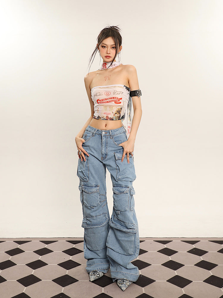 Zia Solid Color Denim High Waist Straight Leg Multi-Pocket Cargo Jeans Pants