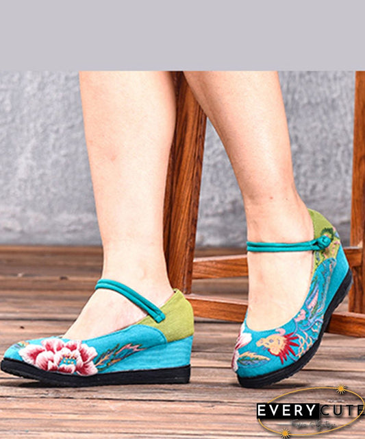 Blue High Wedge Heels Shoes Wedge Cotton Fabric Handmade Embroideried Patchwork Buckle Strap High Wedge Heels Shoes