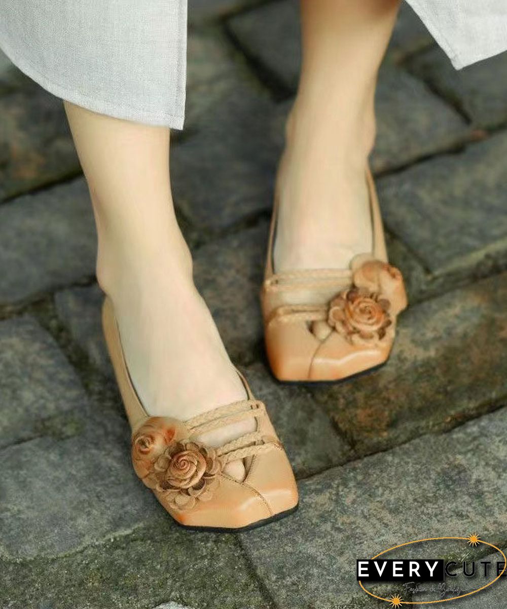 Khaki Floral Flat Shoes For Women Splicing Flat Feet Shoes